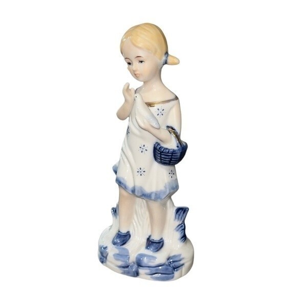 Vintage 1960s Porcelain Hand-painted Figurine Girl in Pigtails w/ Dove & Basket - Picture 2 of 12